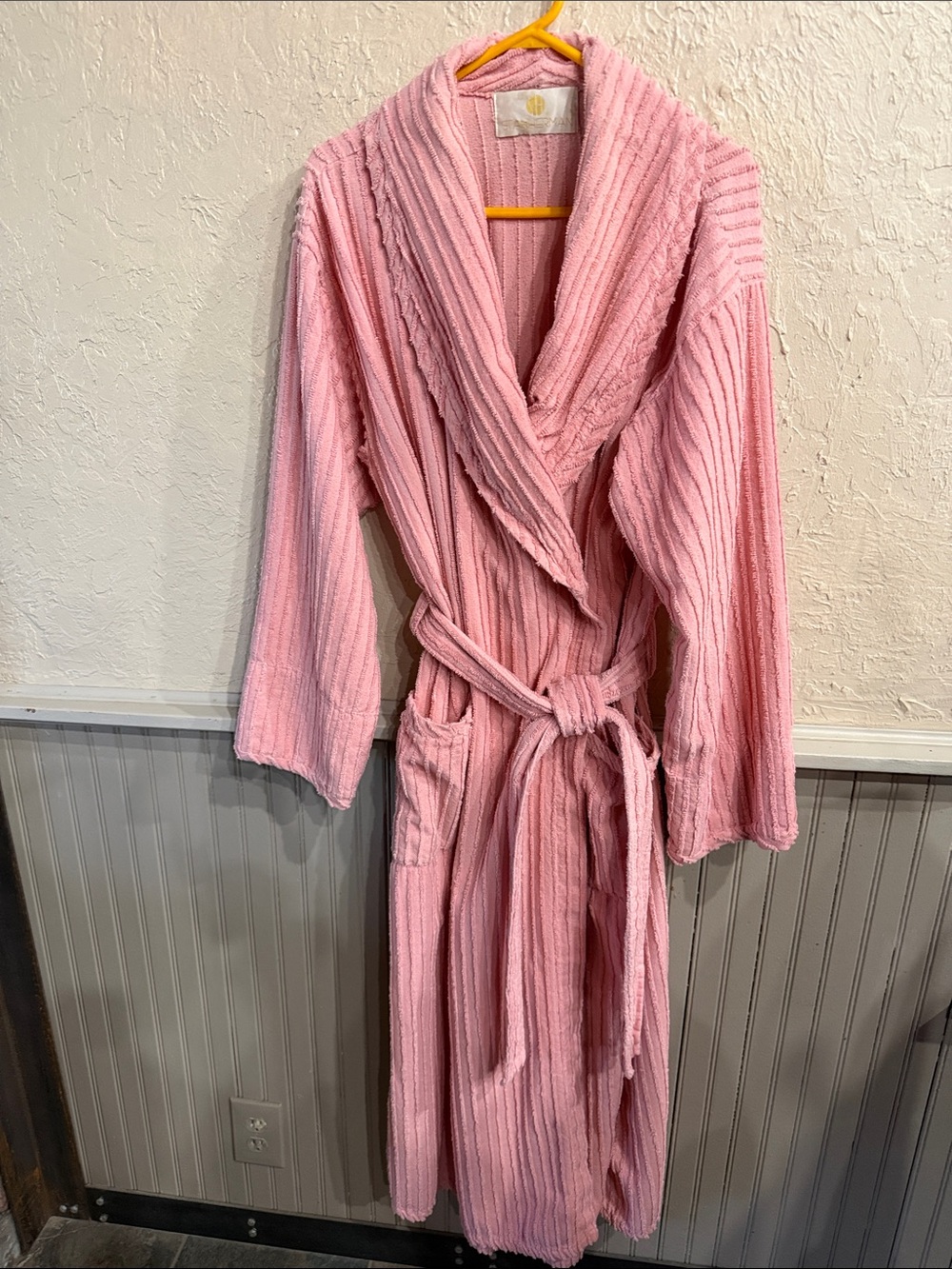 Plush Pink Ribbed Shawl-Collar Robe with Belt